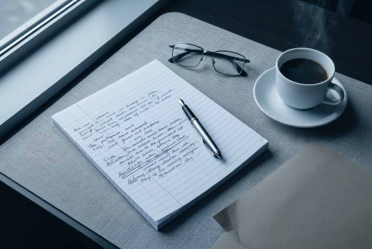 A quiet attorney's desk in cool window light