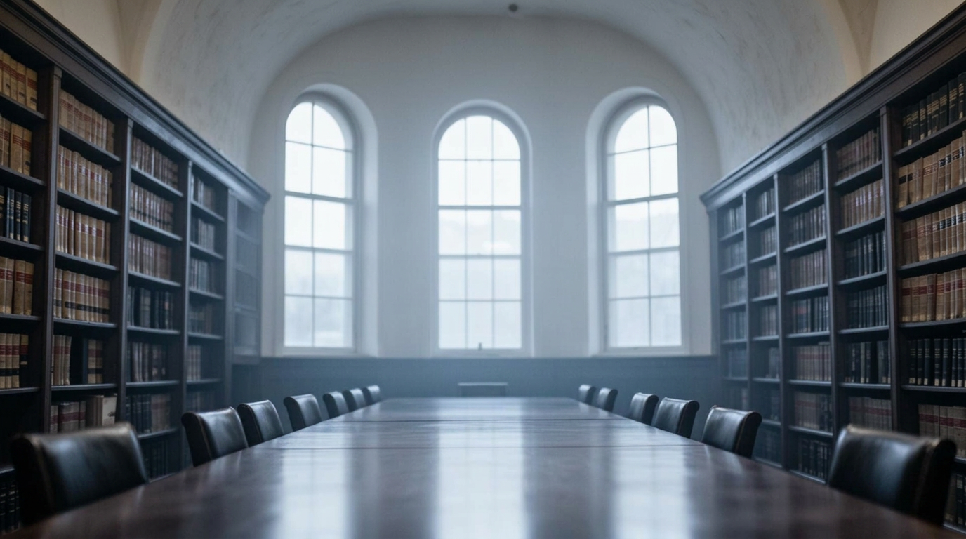 A quiet law library in cool morning light