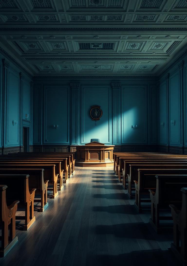 Empty wooden courtroom benches in dim natural light