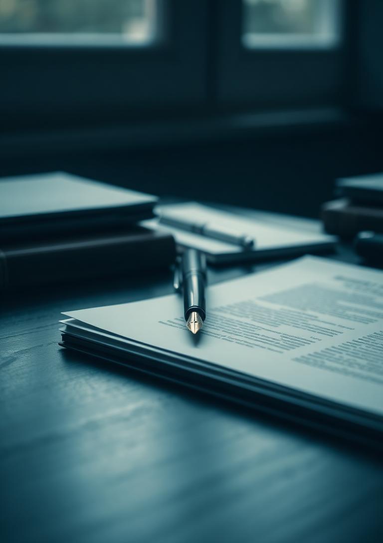 Fountain pen resting on a stack of legal contracts