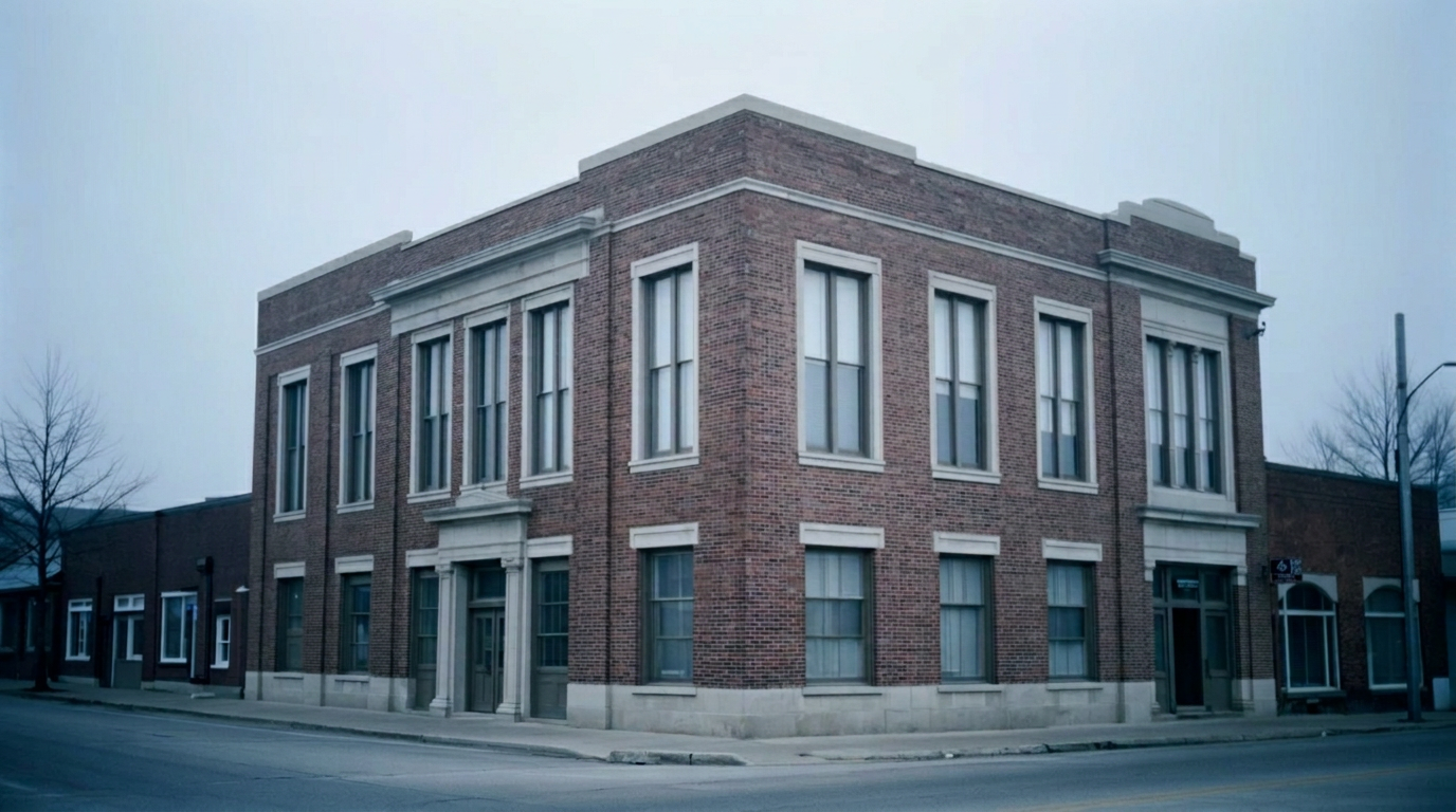 A pale stone Main Street facade in cool morning light